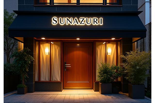 Sunazuriレストランの外観、夜の銀座の路地